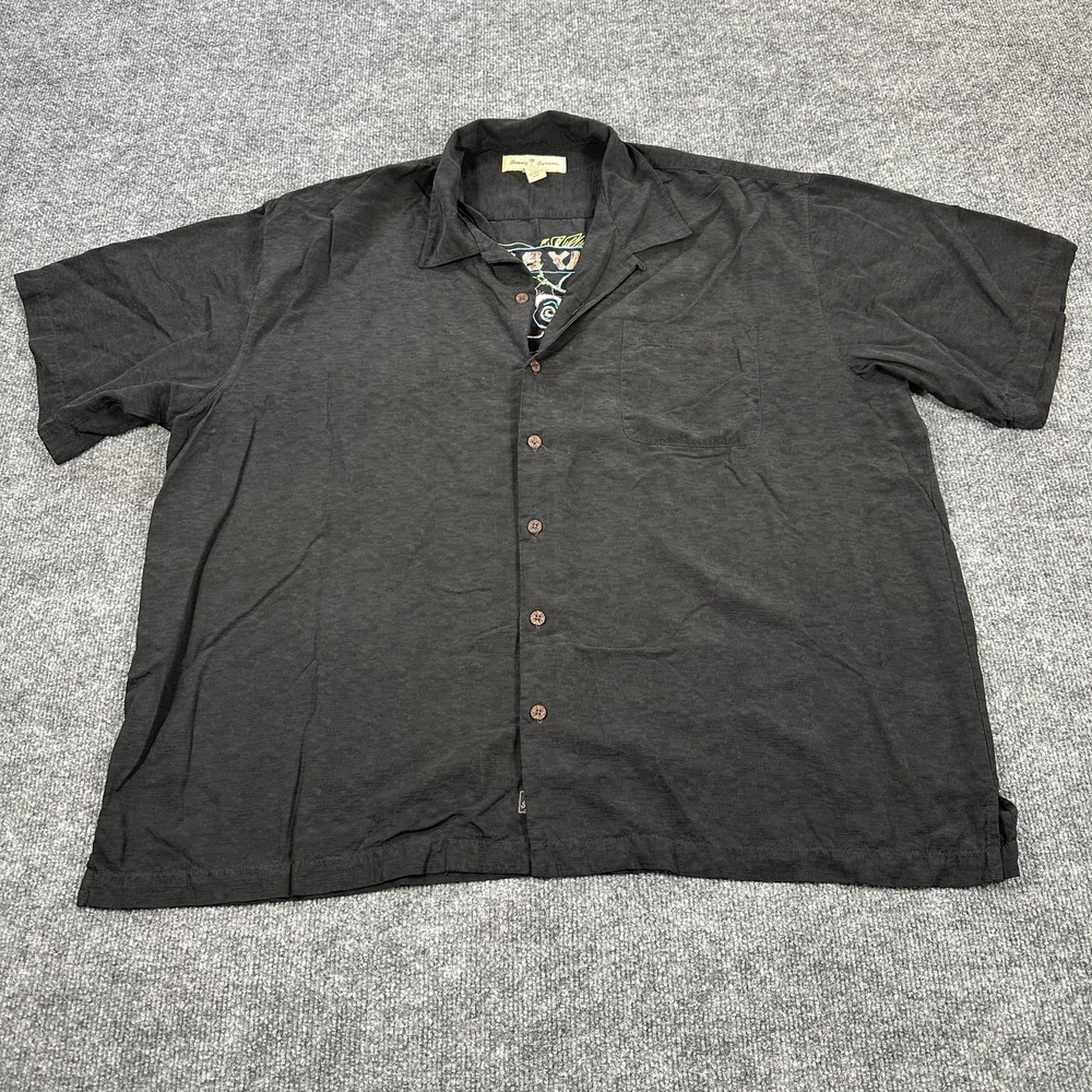 Tommy Bahama Shirt Mens 2XL Black Silk Jungle Shakedown Embroidered Hawaiian
